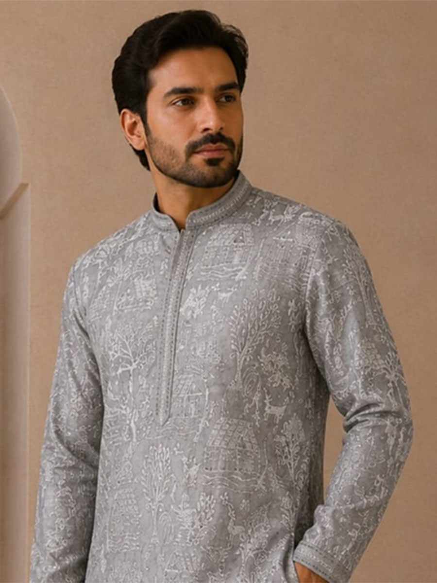Steel Blue Art Silk Embroidery Wedding Party Festival Casual Mens Wear Kurta