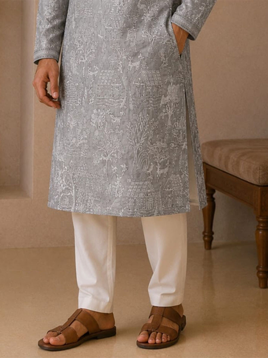 Steel Blue Art Silk Embroidery Wedding Party Festival Casual Mens Wear Kurta