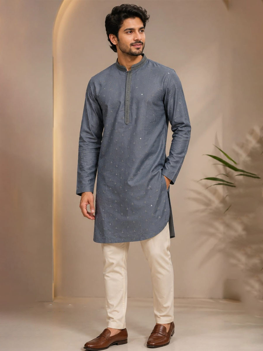 Steel Blue Art Silk Embroidery Wedding Party Festival Casual Mens Wear Kurta