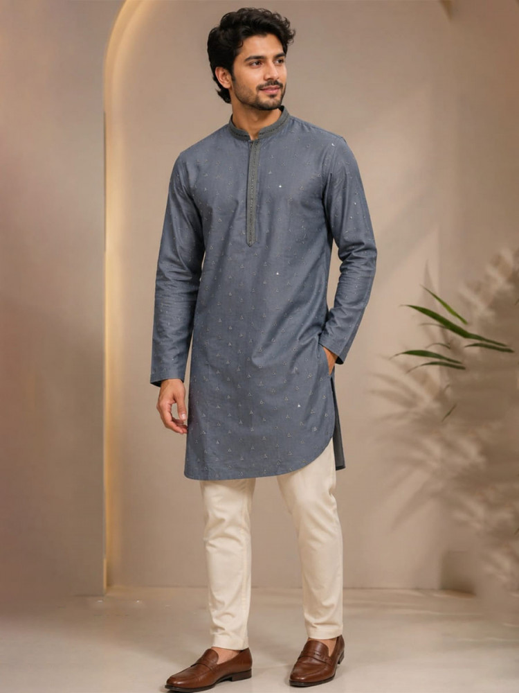 Image of Steel Blue Art Silk Embroidery Wedding Party Festival Casual Mens Wear Kurta