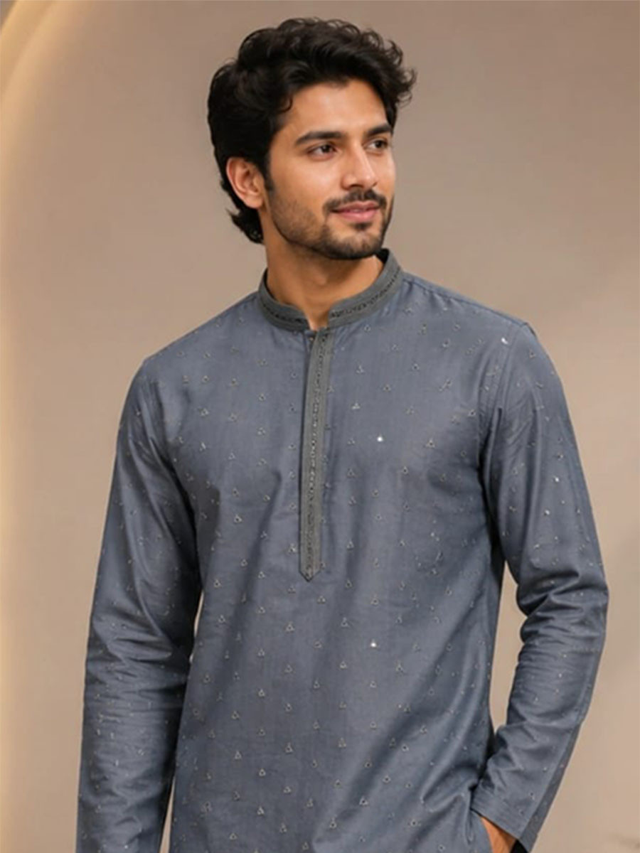 Steel Blue Art Silk Embroidery Wedding Party Festival Casual Mens Wear Kurta