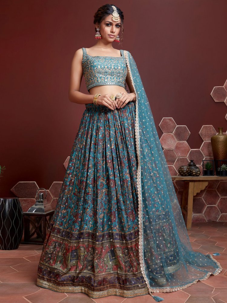 Steel Blue Chinon Silk Embroidered Party Lehenga Choli