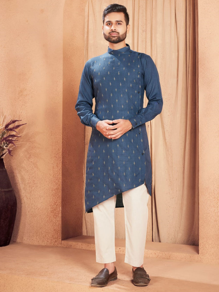 Steel Blue Cotton Embroidered Party Kurta