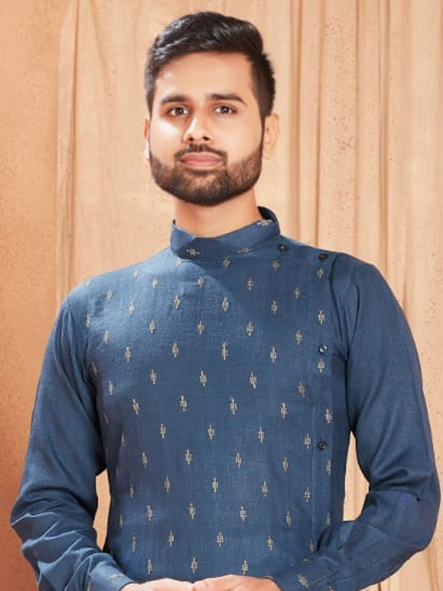 Steel Blue Cotton Embroidered Party Kurta