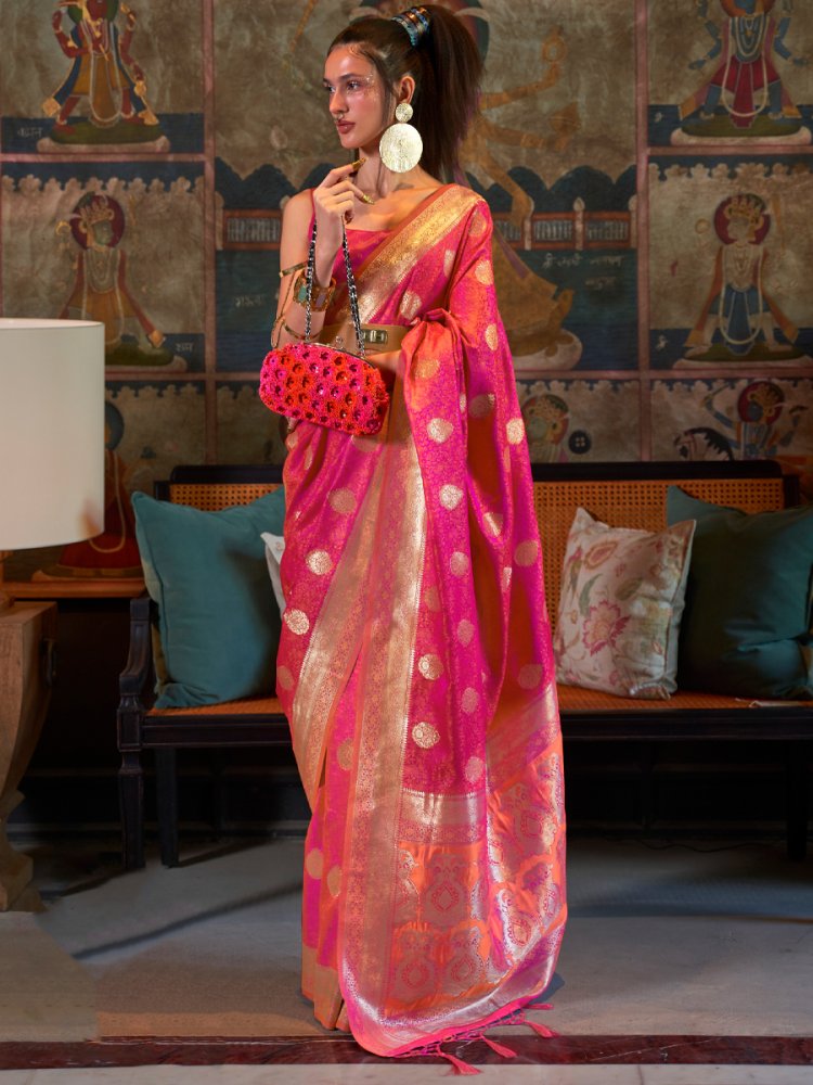 Strawberry Pink Pure Satin Silk Handwoven Wedding Festival Heavy Border Saree