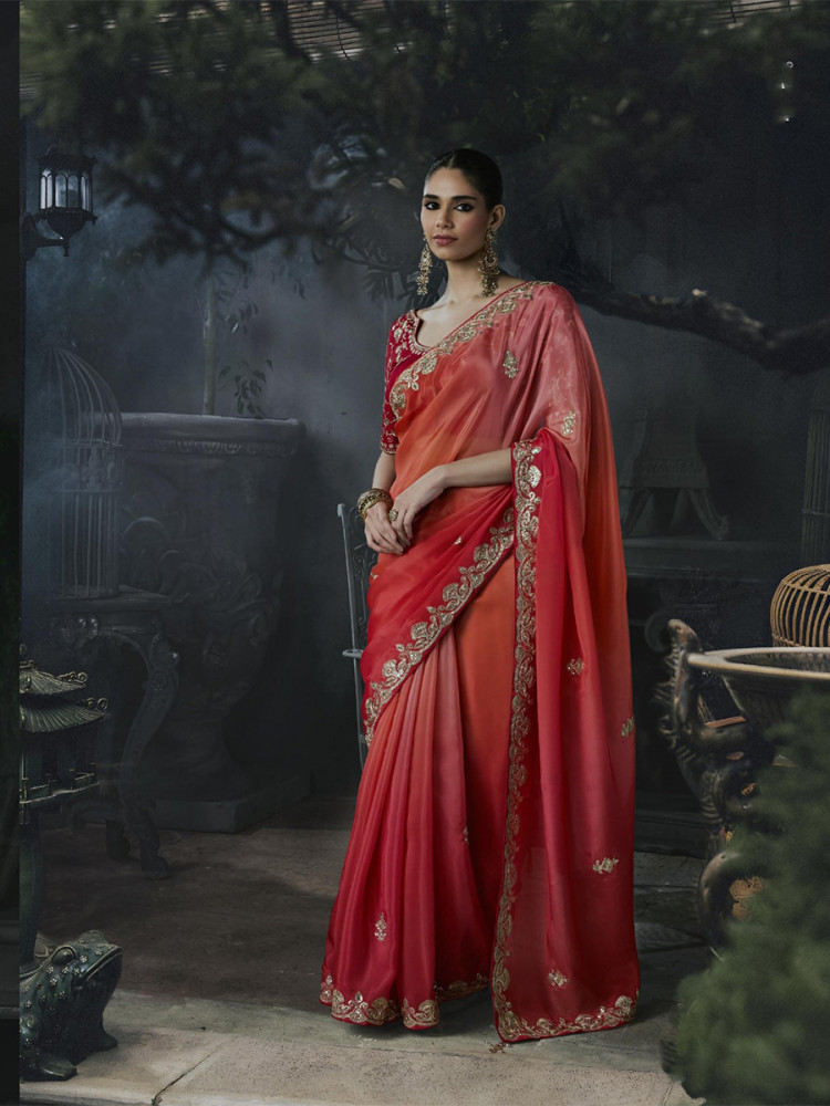 Image of Sunset Orange Tissue Silk Embroidery Stone Work Sequins Wedding Reception Party Festival Casual Heavy Border Sarees