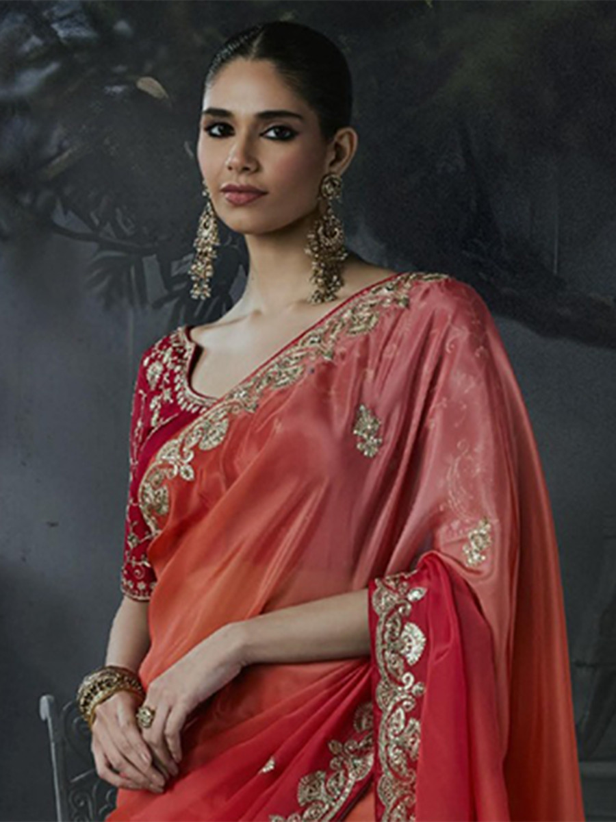 Sunset Orange Tissue Silk Embroidery Stone Work Sequins Wedding Reception Party Festival Casual Heavy Border Sarees