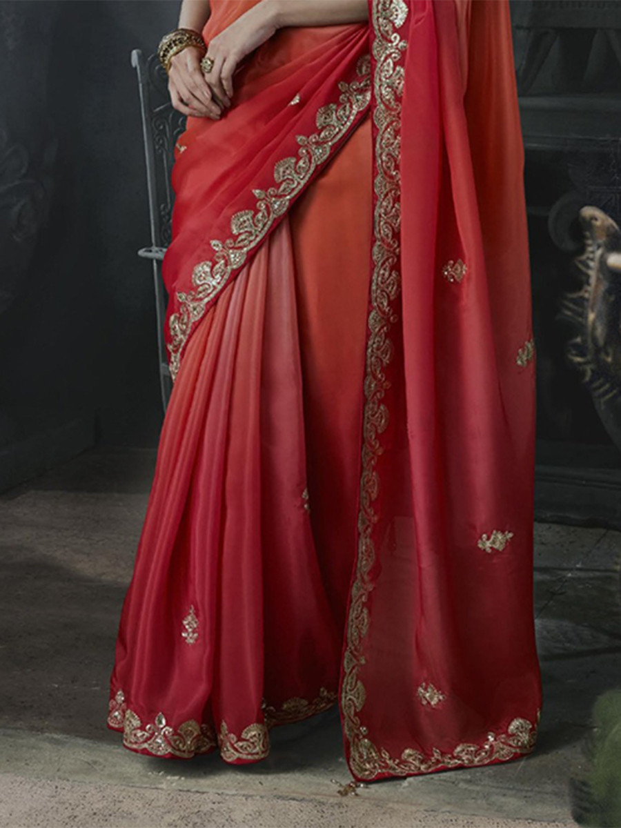 Sunset Orange Tissue Silk Embroidery Stone Work Sequins Wedding Reception Party Festival Casual Heavy Border Sarees