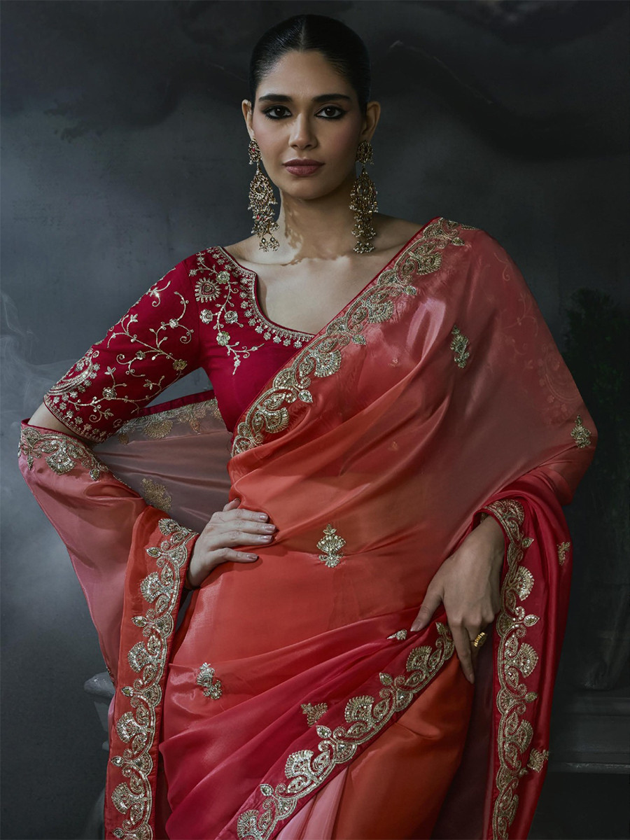 Sunset Orange Tissue Silk Embroidery Stone Work Sequins Wedding Reception Party Festival Casual Heavy Border Sarees