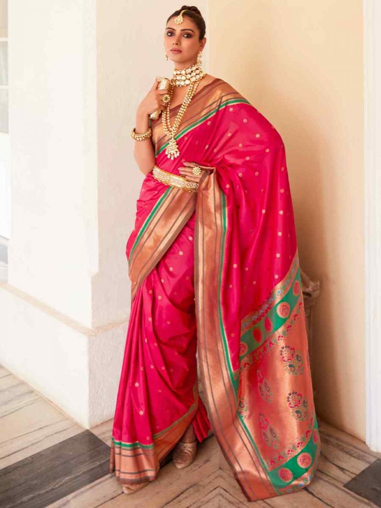 Taffy Pink Paithani Silk Handwoven Wedding Festival Heavy Border Saree
