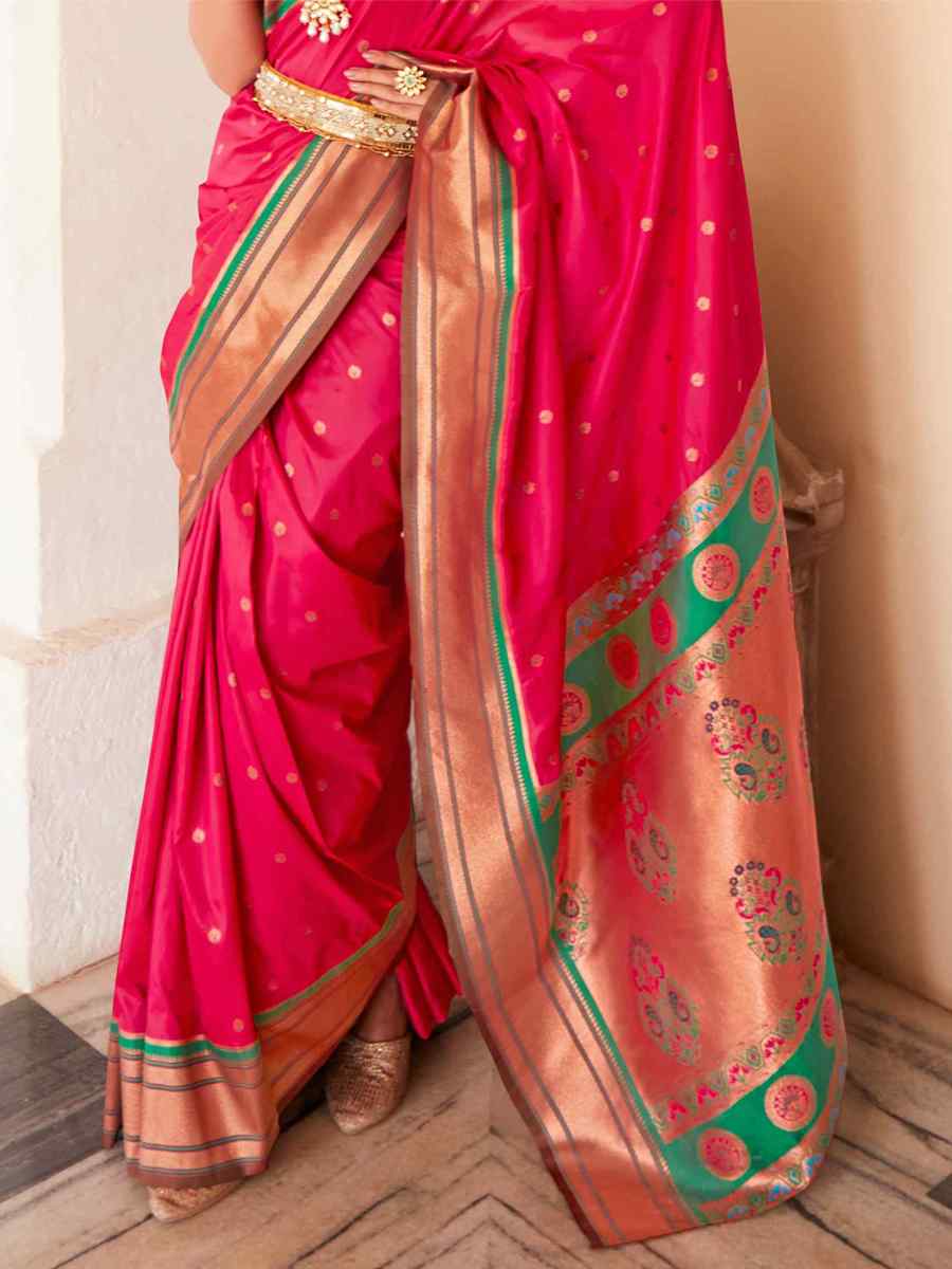Taffy Pink Paithani Silk Handwoven Wedding Festival Heavy Border Saree