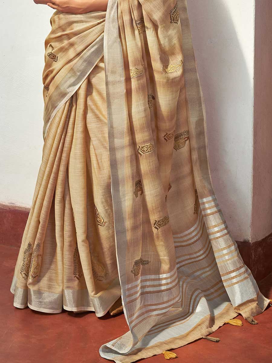 Tan Brown Linen Embroidered Festival Saree