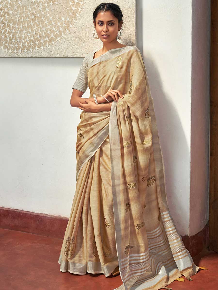 Tan Brown Linen Embroidered Festival Saree