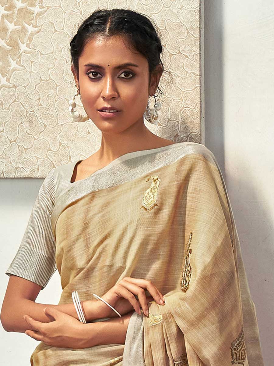 Tan Brown Linen Embroidered Festival Saree