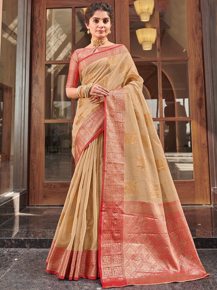 Tan Brown Linen Handwoven Festival Saree