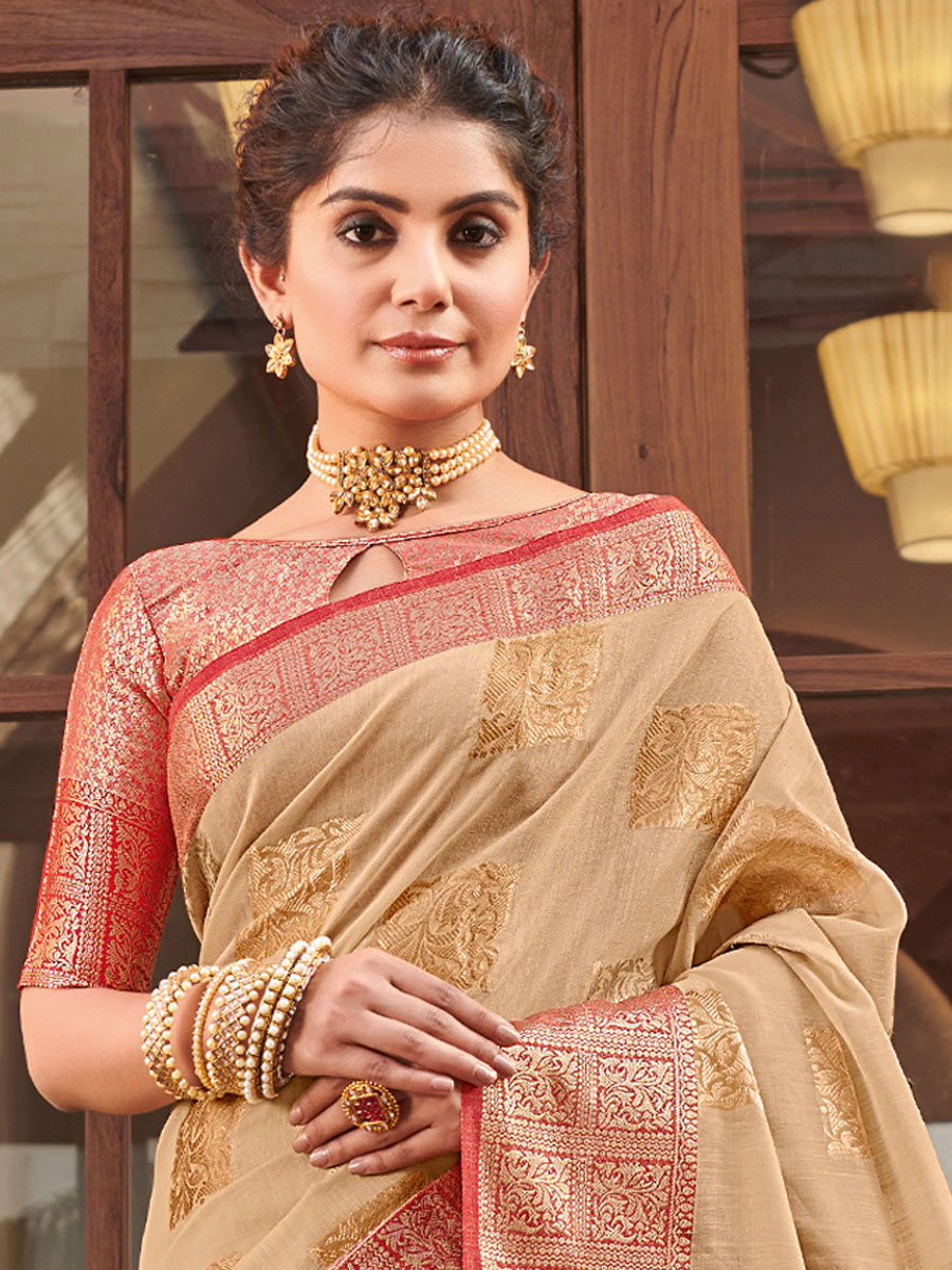 Tan Brown Linen Handwoven Festival Saree