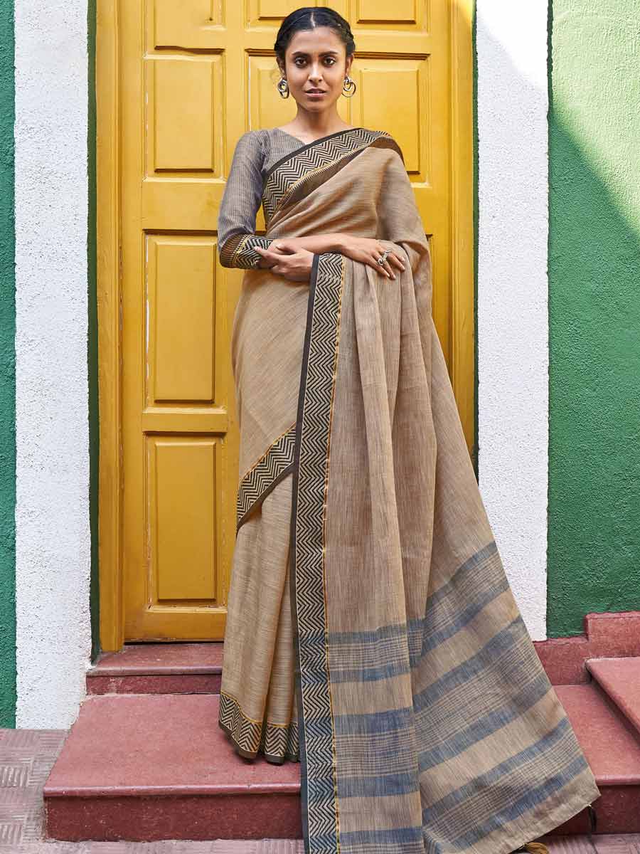 Tan Brown Linen Plain Festival Saree