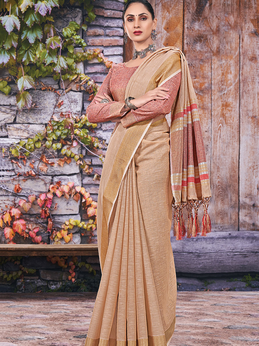 Tan Brown Linen Plain Festival Saree