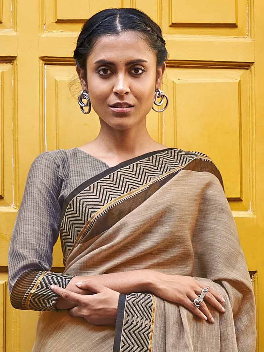 Tan Brown Linen Plain Festival Saree