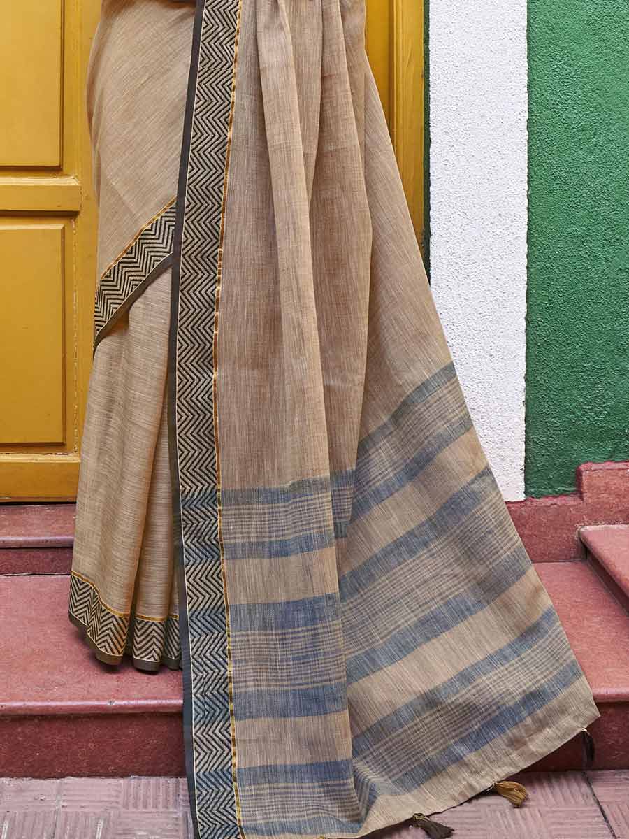 Tan Brown Linen Plain Festival Saree