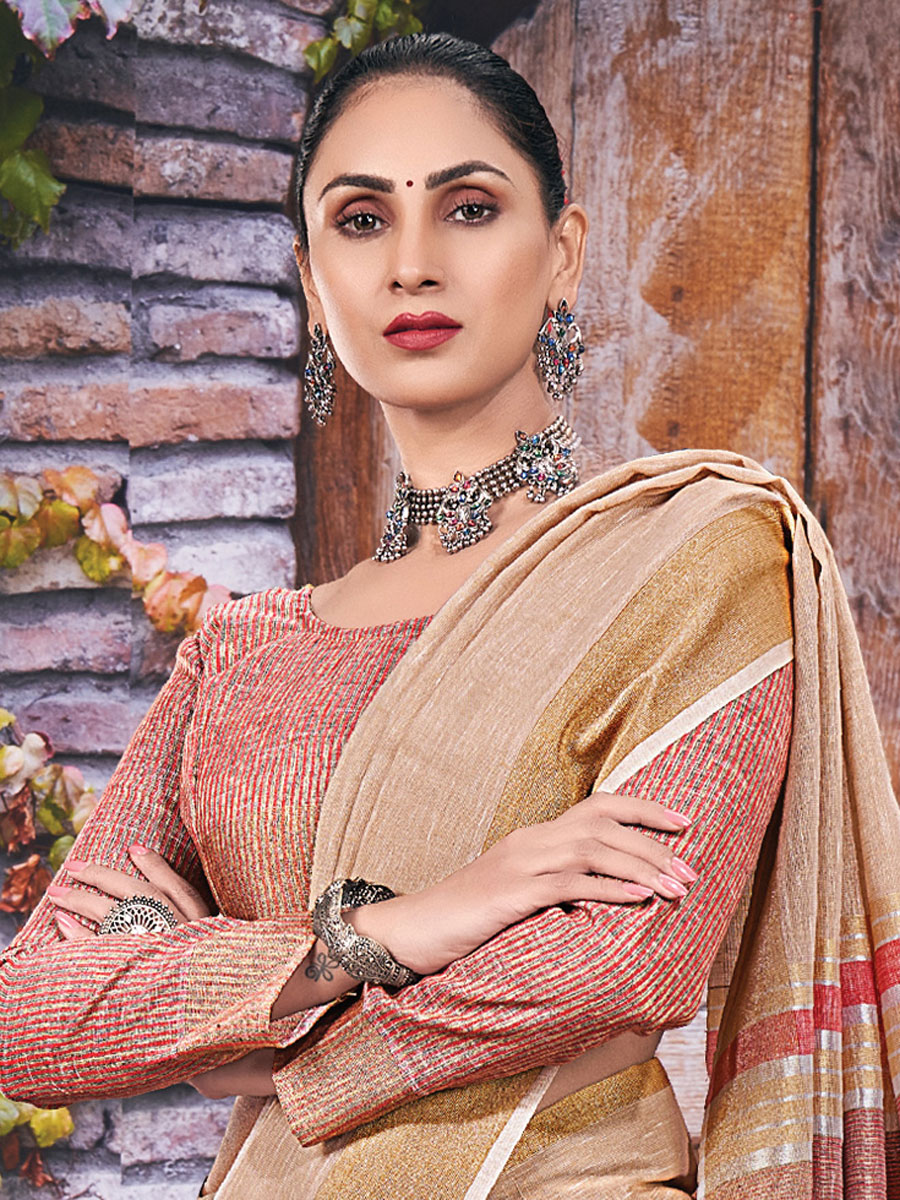 Tan Brown Linen Plain Festival Saree