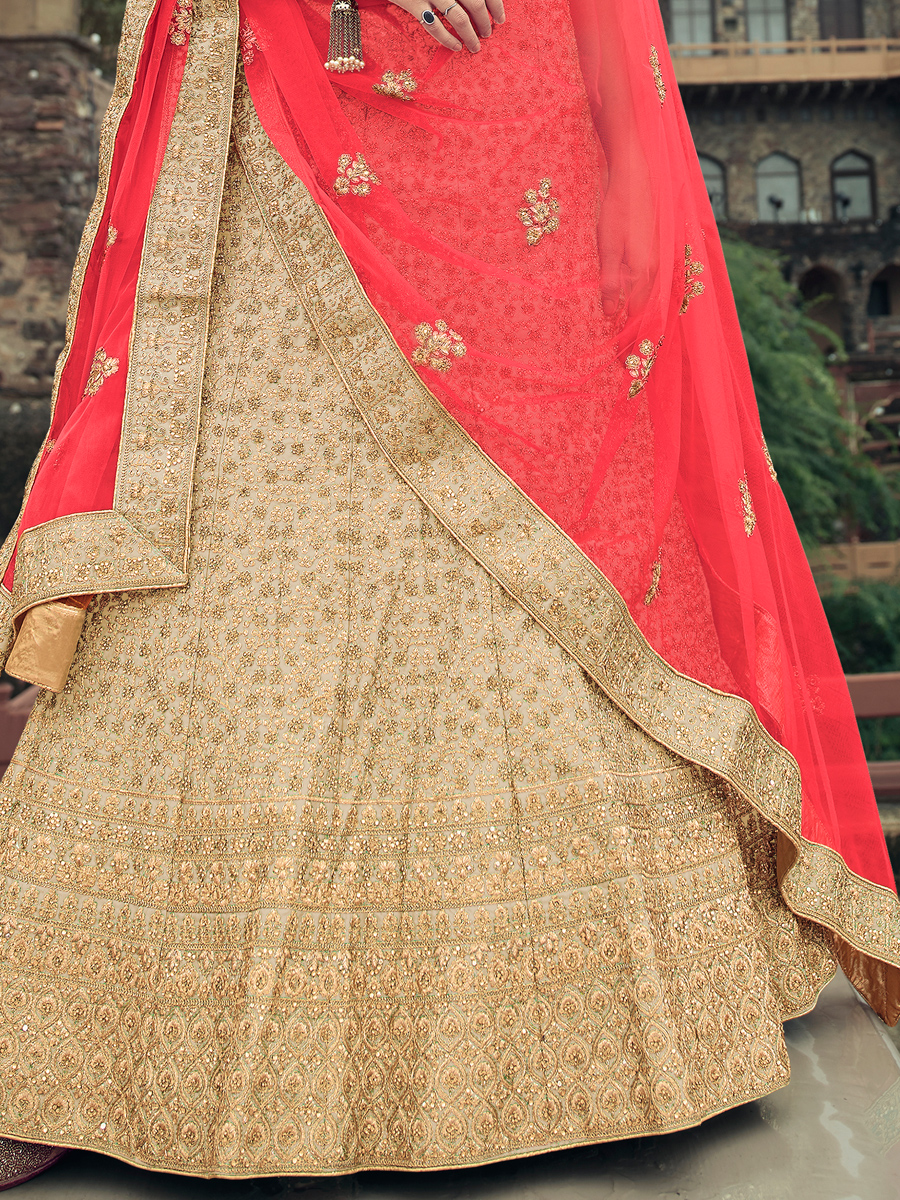 Tan Brown Satin Embroidered Bridal Lehenga Choli