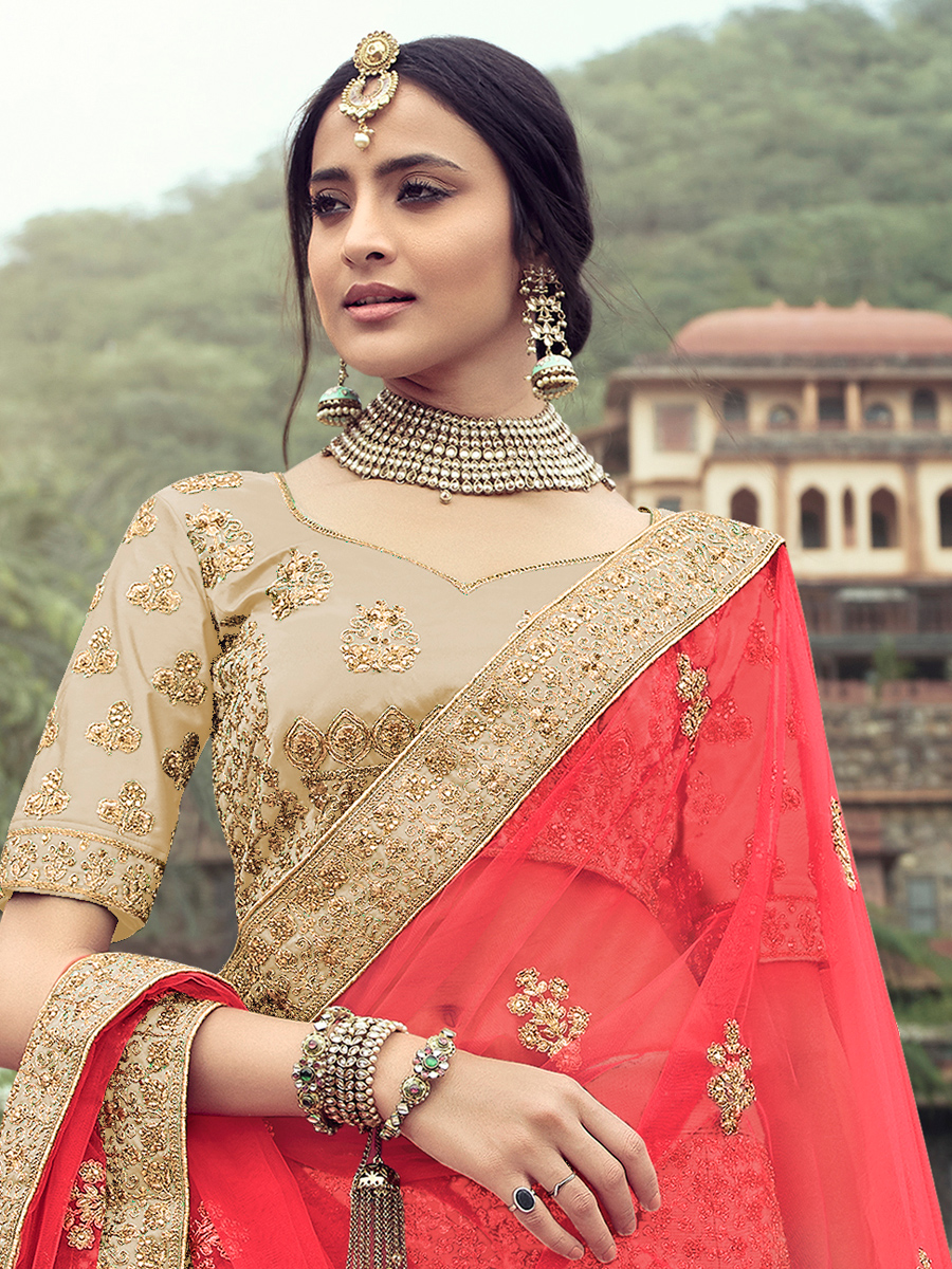 Tan Brown Satin Embroidered Bridal Lehenga Choli