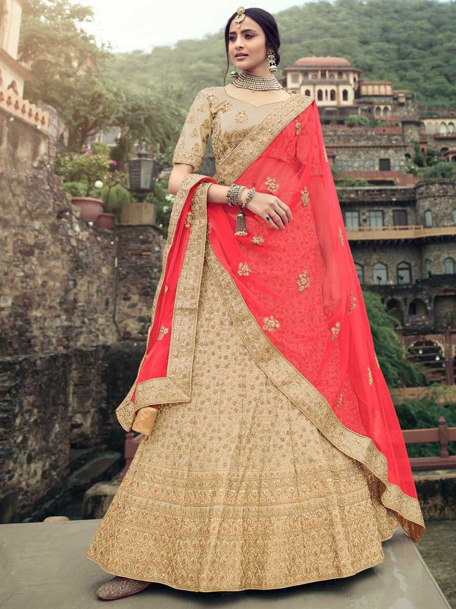 Tan Brown Satin Embroidered Bridal Lehenga Choli