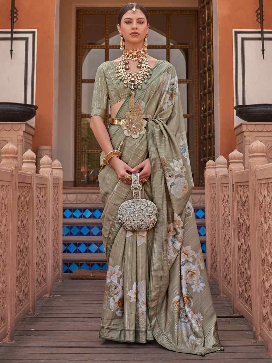 Tan Grey Silk Printed Casual Festival Classic Style Saree