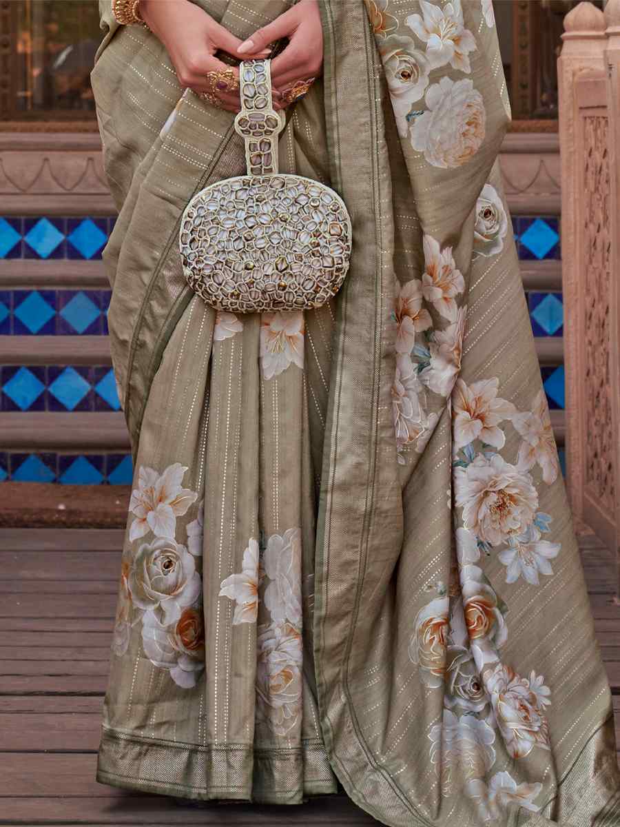 Tan Grey Silk Printed Casual Festival Classic Style Saree