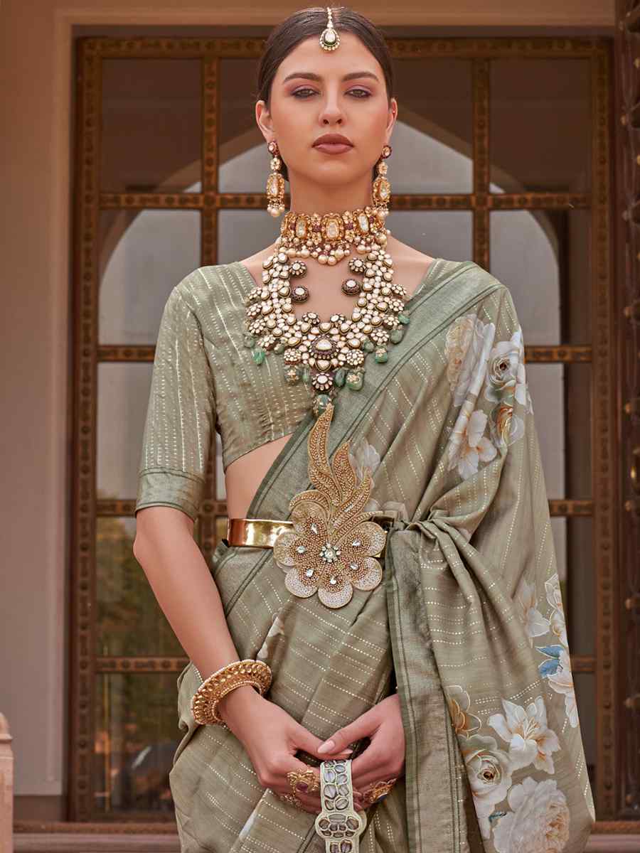 Tan Grey Silk Printed Casual Festival Classic Style Saree