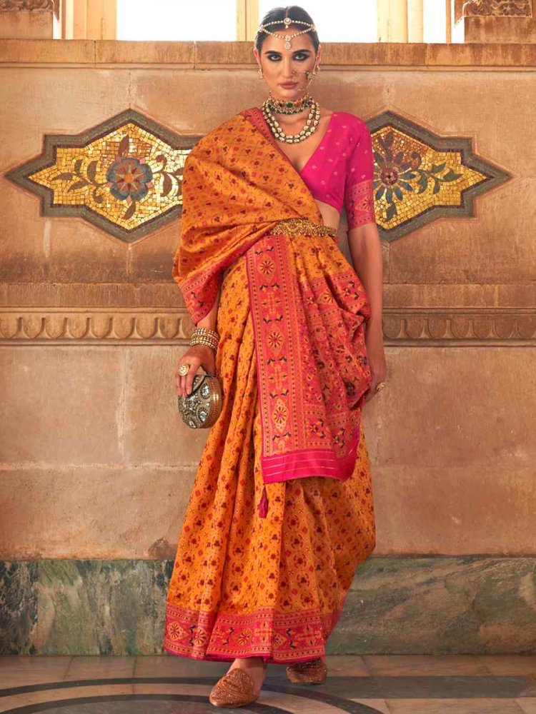 Tango Orange Banarasi Silk Handwoven Wedding Festival Heavy Border Saree