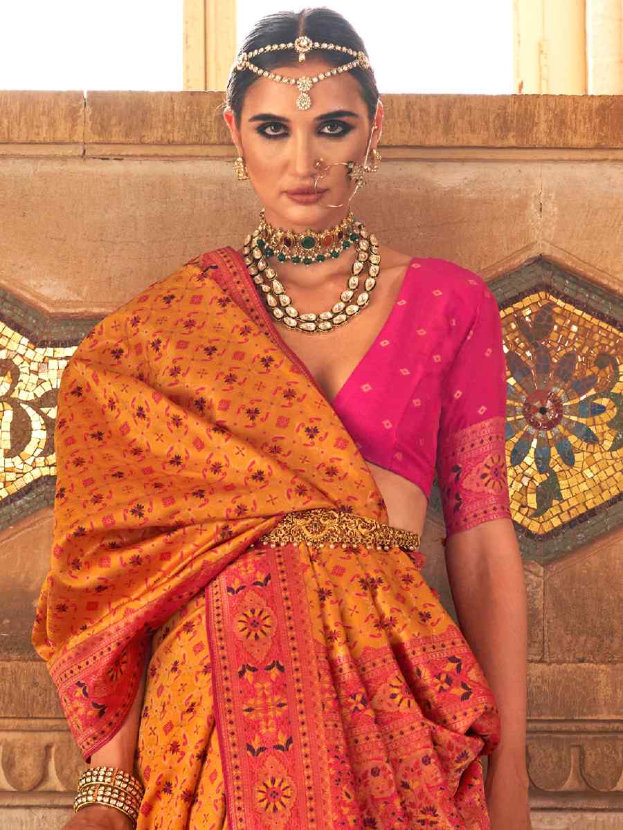 Tango Orange Banarasi Silk Handwoven Wedding Festival Heavy Border Saree