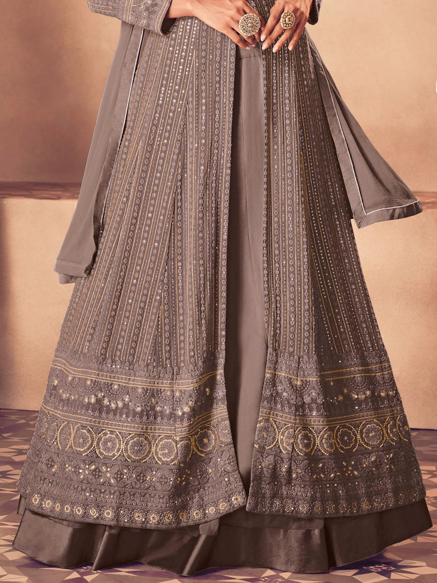 Taupe Gray Faux Georgette Embroidered Party Lawn Kameez with Palazzo Pant