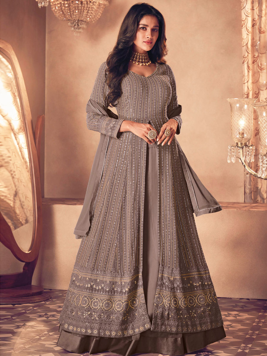 Taupe Gray Faux Georgette Embroidered Party Lawn Kameez with Palazzo Pant
