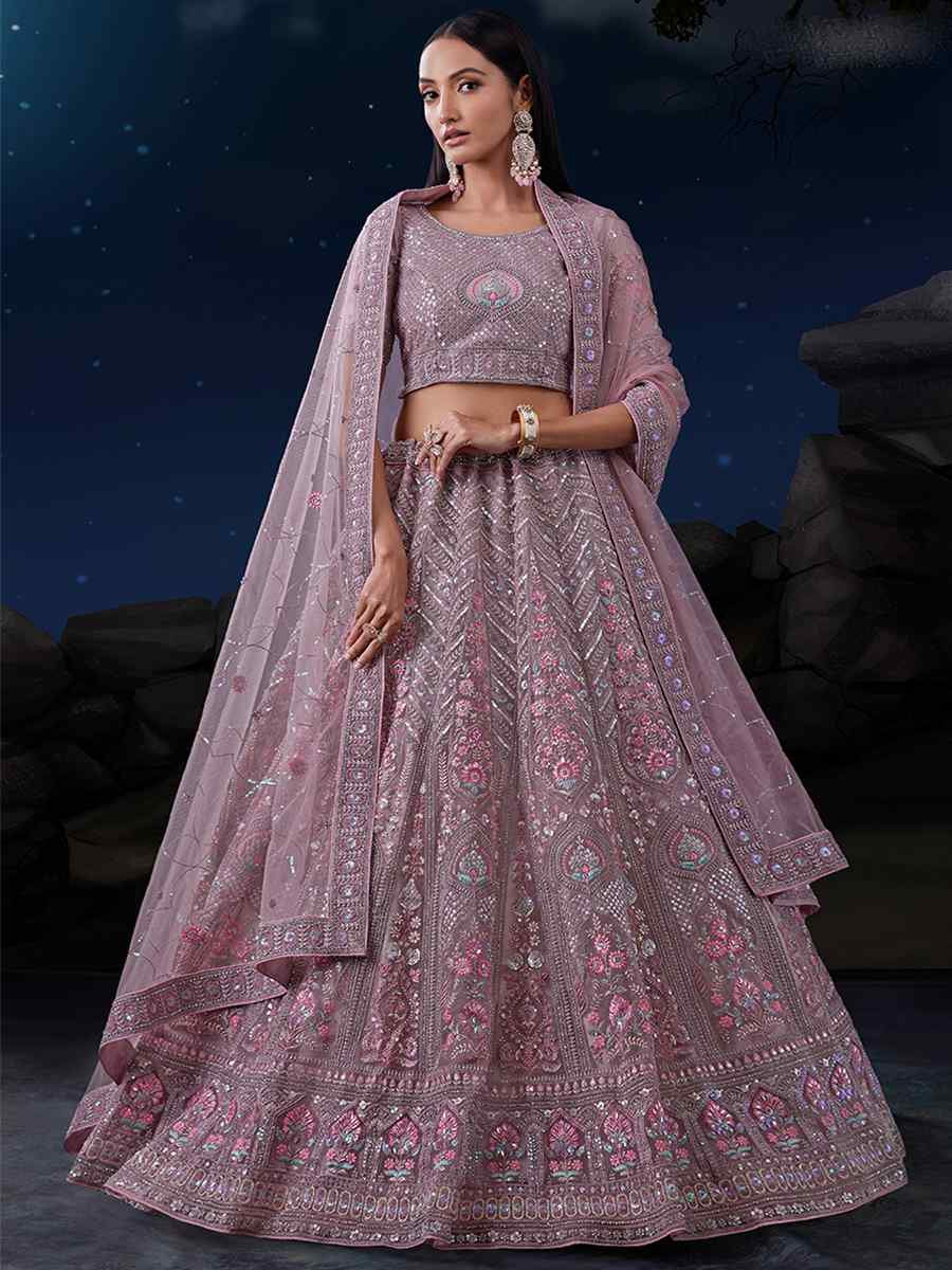 Taupe Soft Net Embroidered Festival Wedding Circular Lehenga Choli