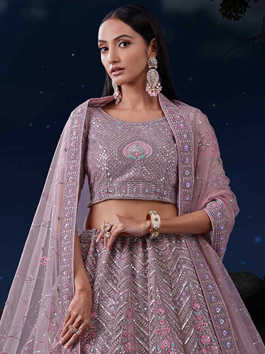 Taupe Soft Net Embroidered Festival Wedding Circular Lehenga Choli