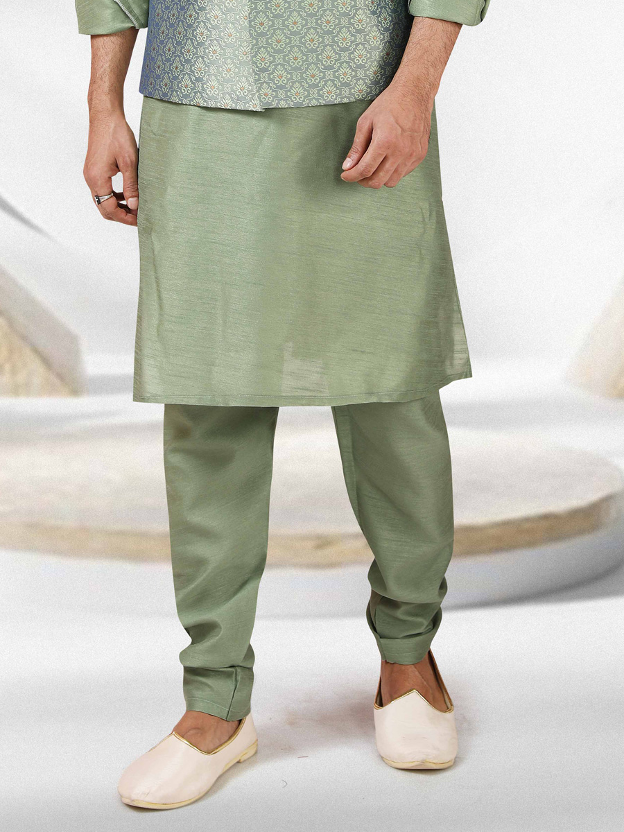 Tea Green And Baby Blue Jacquard Banarasi Silk Woven Kurta Nehru Jacket Set