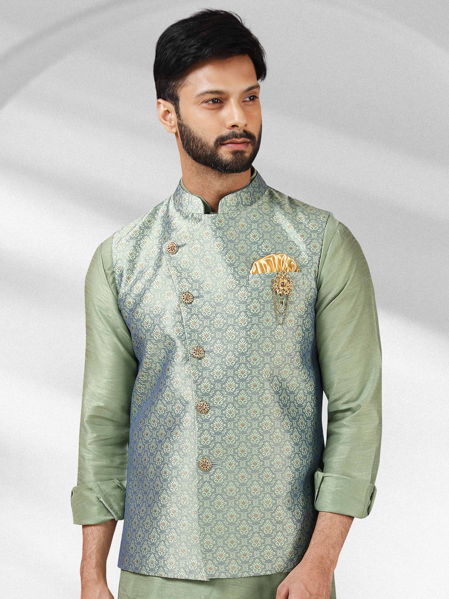 Tea Green And Baby Blue Jacquard Banarasi Silk Woven Kurta Nehru Jacket Set