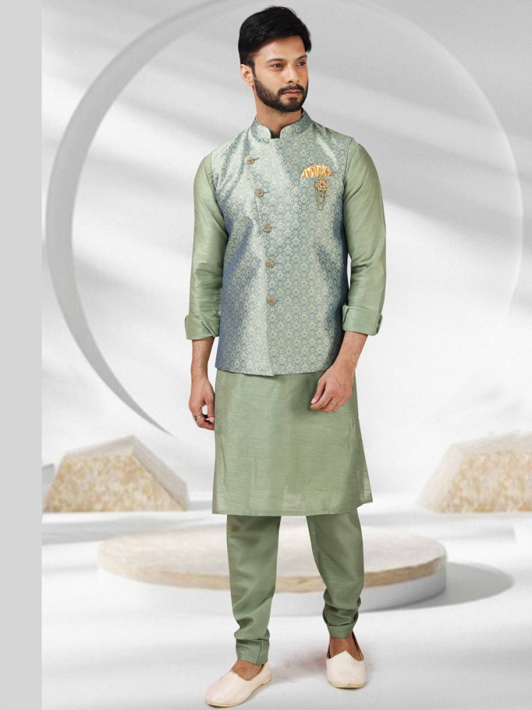 Tea Green And Baby Blue Jacquard Banarasi Silk Woven Kurta Nehru Jacket Set