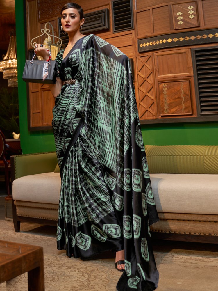 Tea Green And Black Crepe Festival Printed Saree