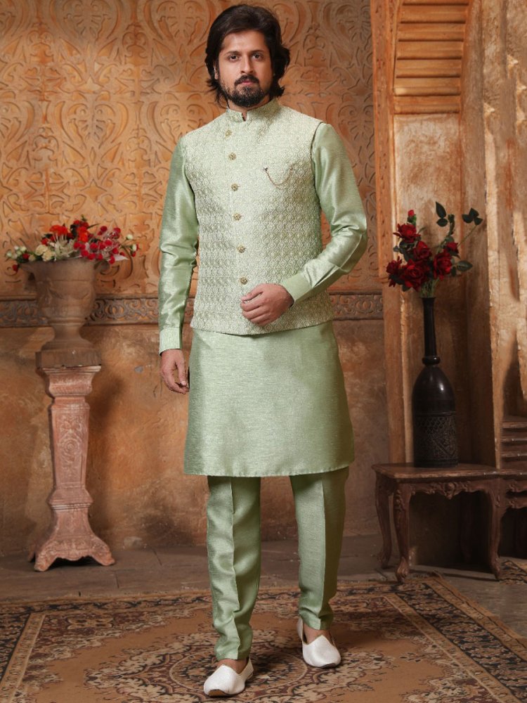 Tea Green Banarasi Silk Wedding And Festival Plain Kurta with Waistcoat