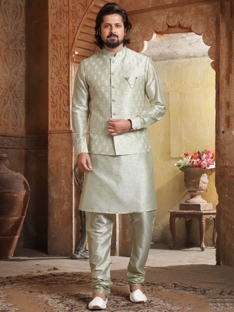 Tea Green Banarasi Silk Wedding And Festival Plain Kurta with Waistcoat
