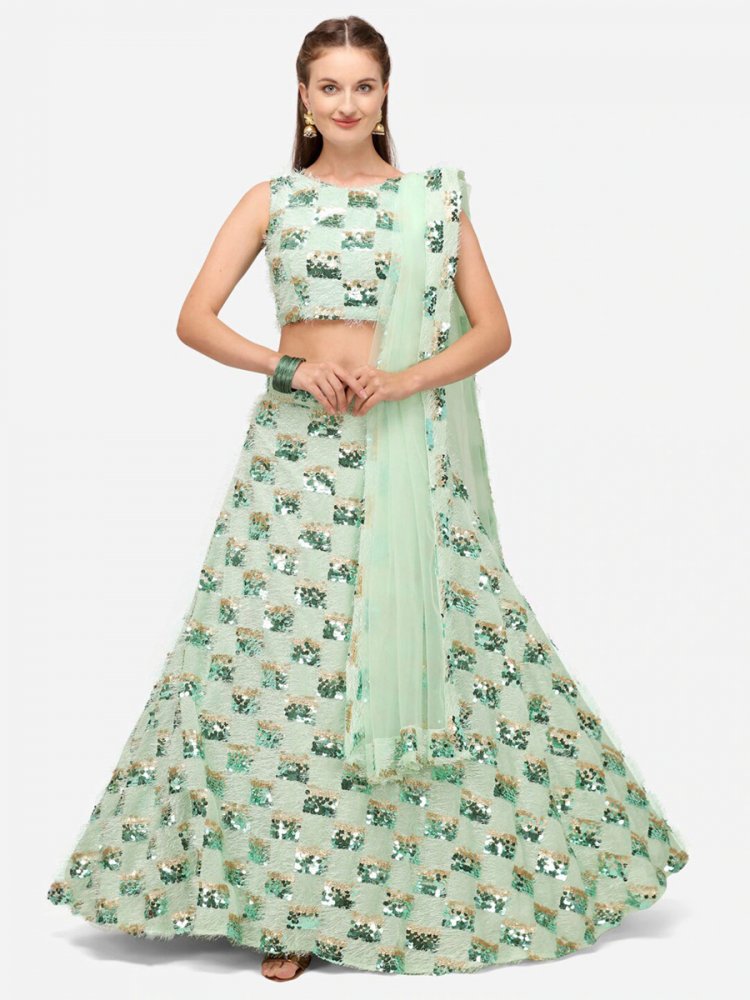 Tea Green Blended Silk Embroidered Party Lehenga Choli