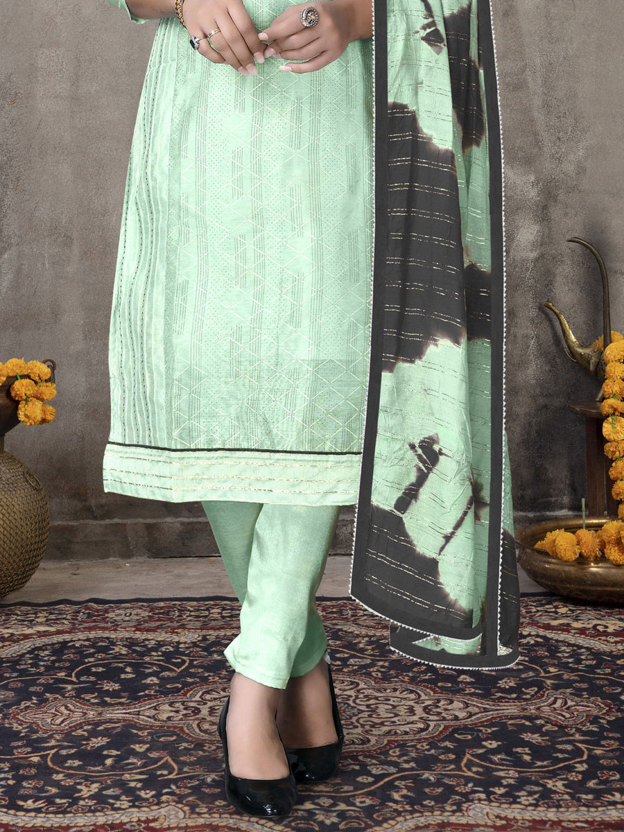 Tea Green Chanderi Cotton Embroidered Party Pant Kameez