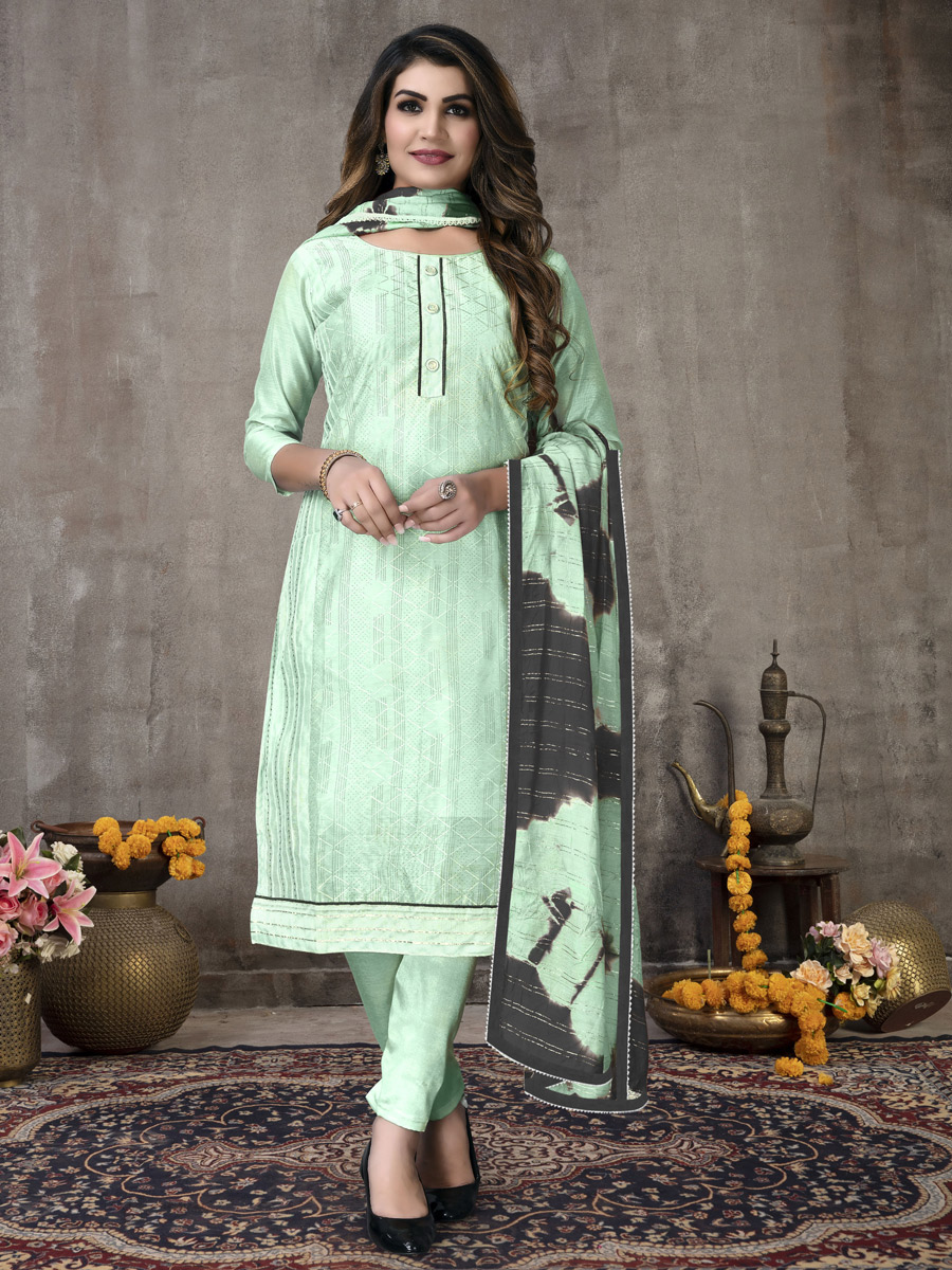 Tea Green Chanderi Cotton Embroidered Party Pant Kameez