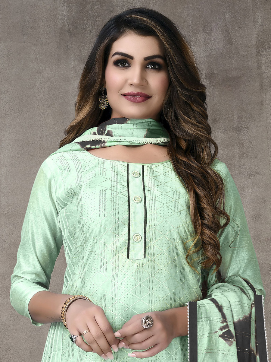 Tea Green Chanderi Cotton Embroidered Party Pant Kameez