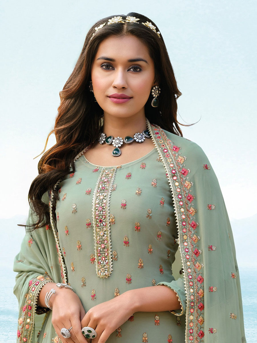 Tea Green Chinon Georgette Embroidered Party Palazzo Pant Kameez