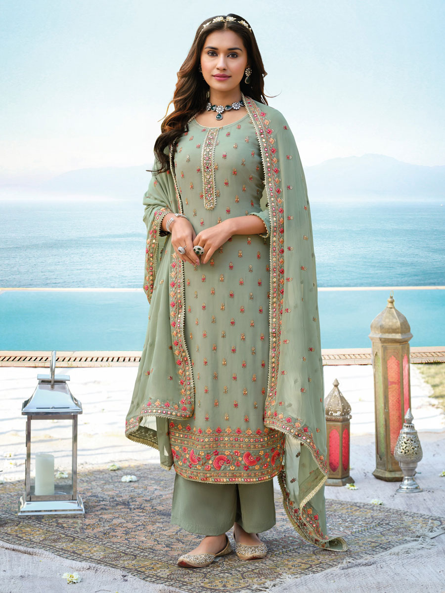Tea Green Chinon Georgette Embroidered Party Palazzo Pant Kameez