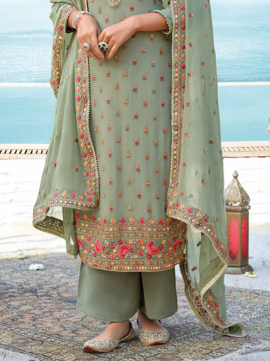 Tea Green Chinon Georgette Embroidered Party Palazzo Pant Kameez